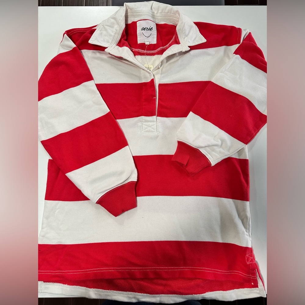 Aerie Bold Red and White Striped Polo Sweatshirt